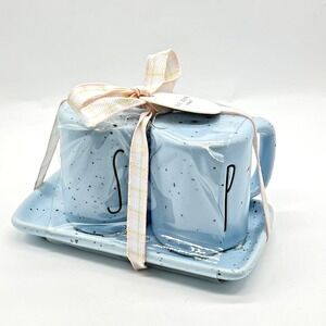 Rae Dunn Blue Speckled Salt Pepper Shaker Set With Tray Stoneware 3 Pc Set